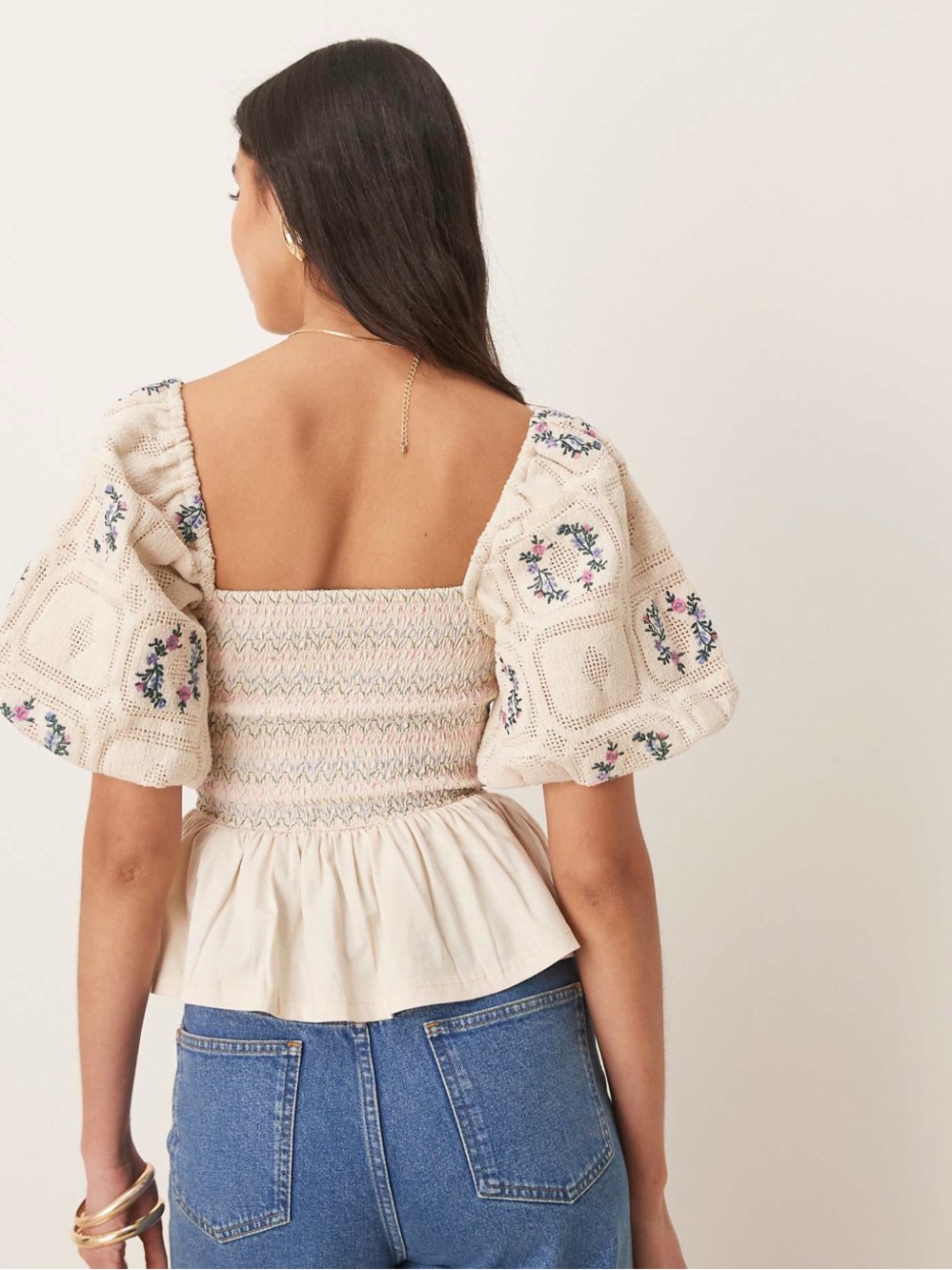 ASOS DESIGN Cottagecore Embroidered Puff Sleeve Smocked Peplum Top NWT - Picture 4 of 11